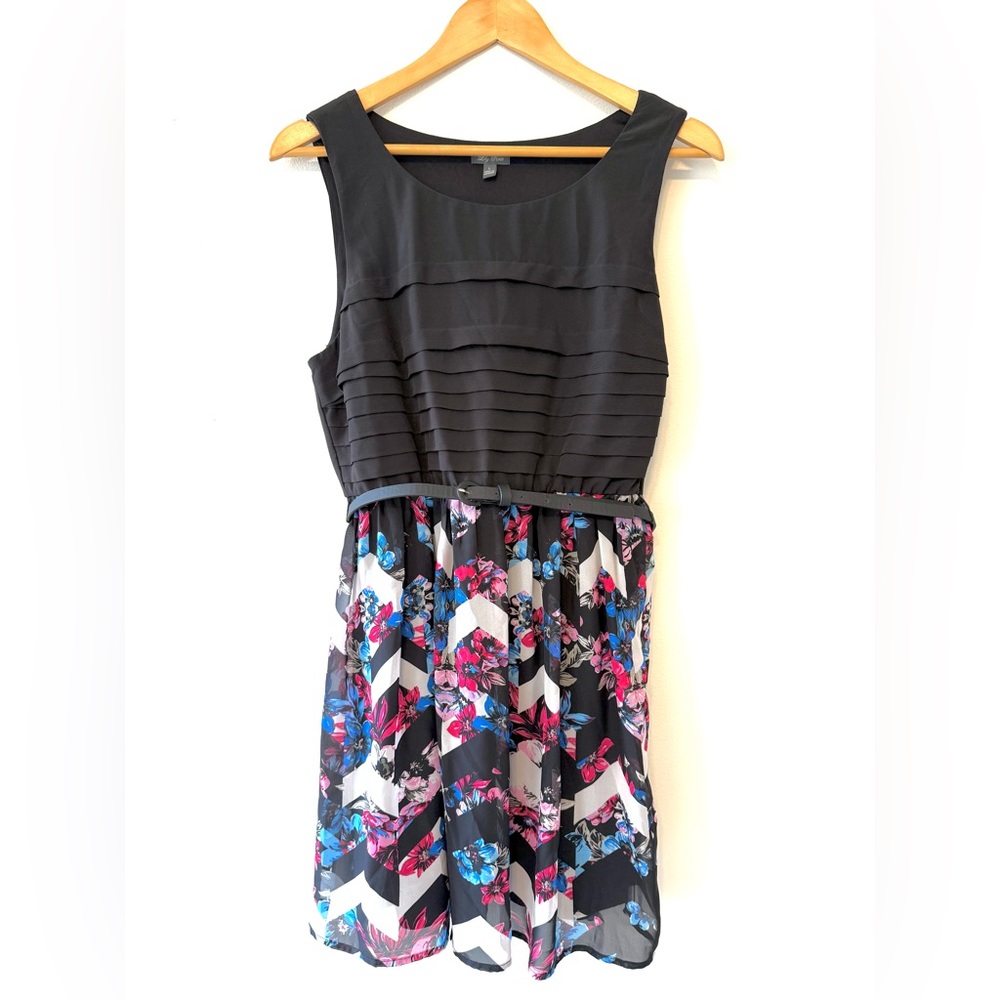 Lily Rose Black and Multicolor Chevron Floral Chiffon Fit and Flare Dress - Picture 8 of 13